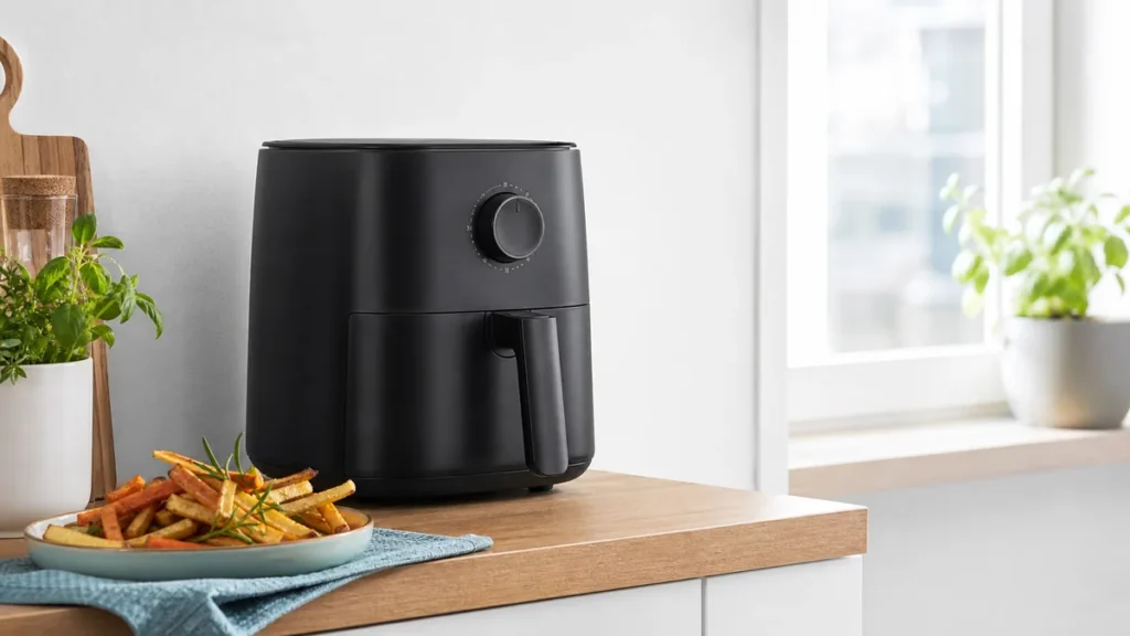 Compact black air fryer on a small kitchen counter
