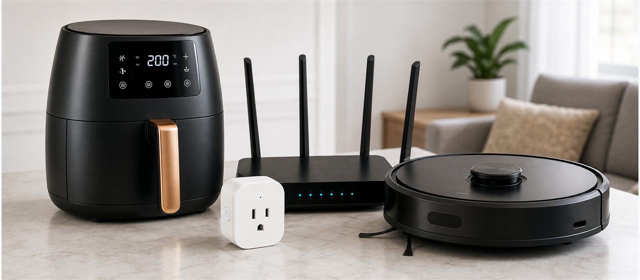 Air fryer, Wi-Fi router, smart plug, and robot vacuum arranged in a bright home